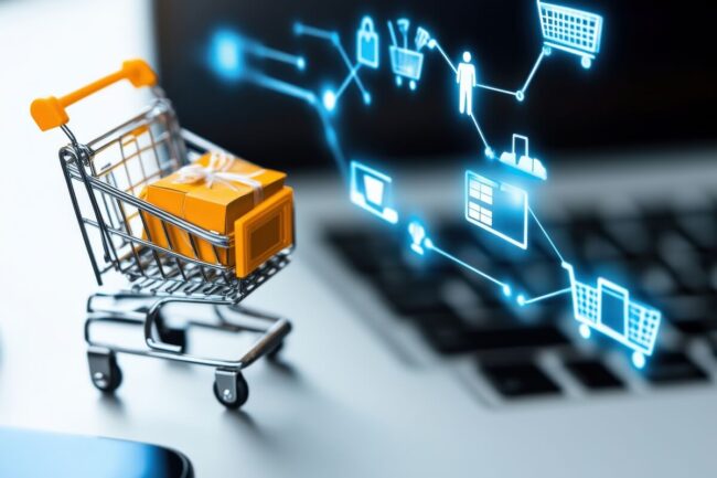 E-Commerce Checkout Optimierung im Online-Shop mit Warenkorb und digitalen Einkaufs-Icons