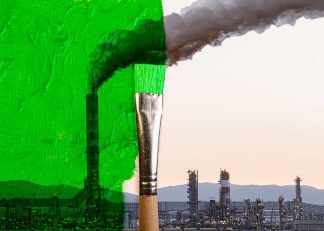 Ein schwarzweißes Foto von rauchenden Fabrikgebäuden wird übermalt von einem Pinsel mit grüner Farbe als Symbol für Greenwashing