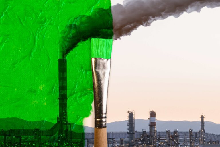 Ein schwarzwei&szlig;es Foto von rauchenden Fabrikgeb&auml;uden wird &uuml;bermalt von einem Pinsel mit gr&uuml;ner Farbe als Symbol f&uuml;r Greenwashing