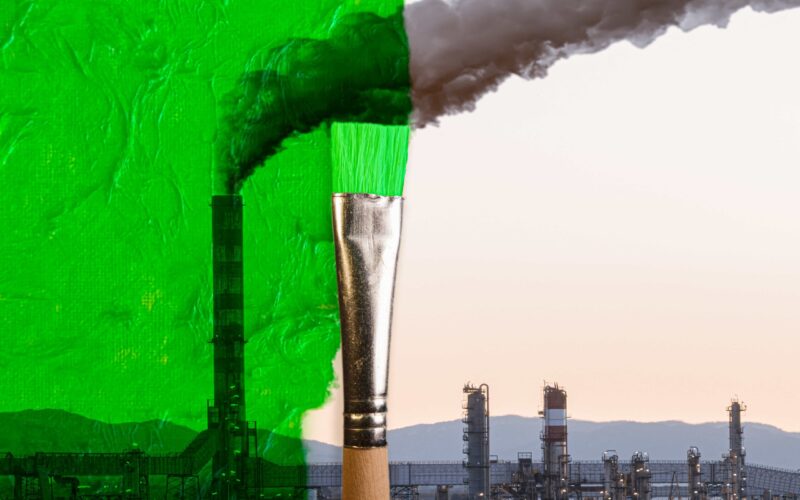 Ein schwarzweißes Foto von rauchenden Fabrikgebäuden wird übermalt von einem Pinsel mit grüner Farbe als Symbol für Greenwashing